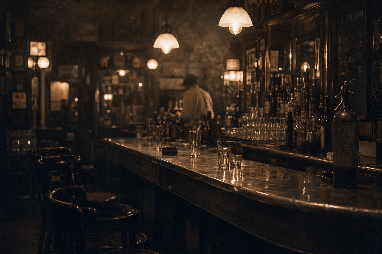 A dim, mirrored Paris bar interior, bottles lining the back wall