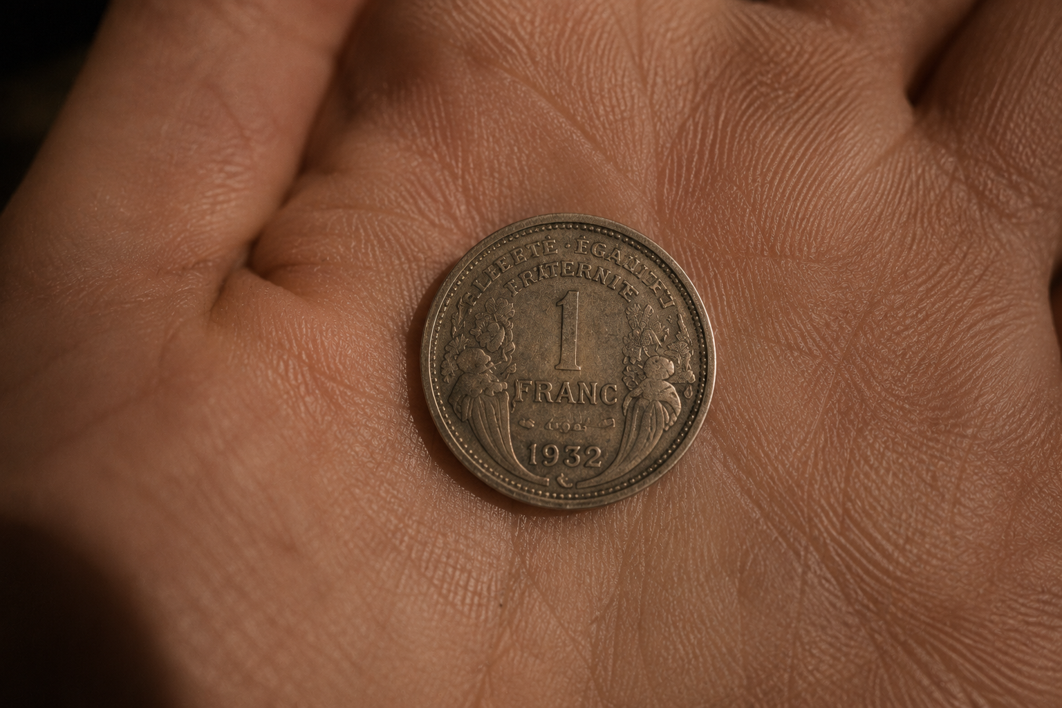 A 1932 French one-franc coin, held in an open palm