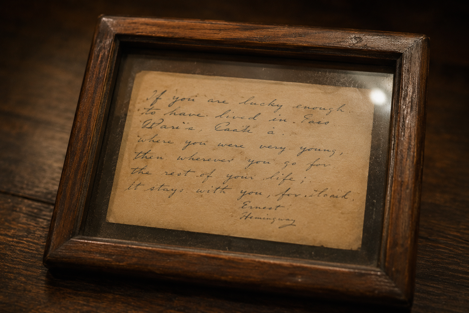 A framed, handwritten note signed Ernest Hemingway