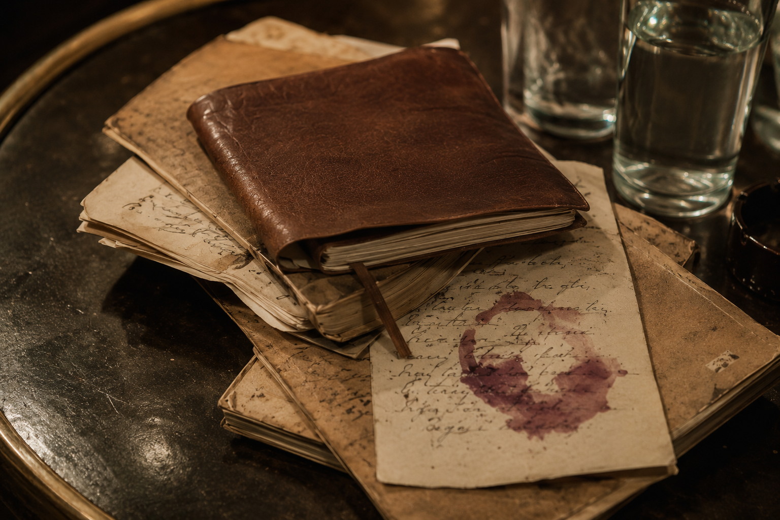 A stack of aged leather notebooks and loose, handwritten letters, one stained with wine