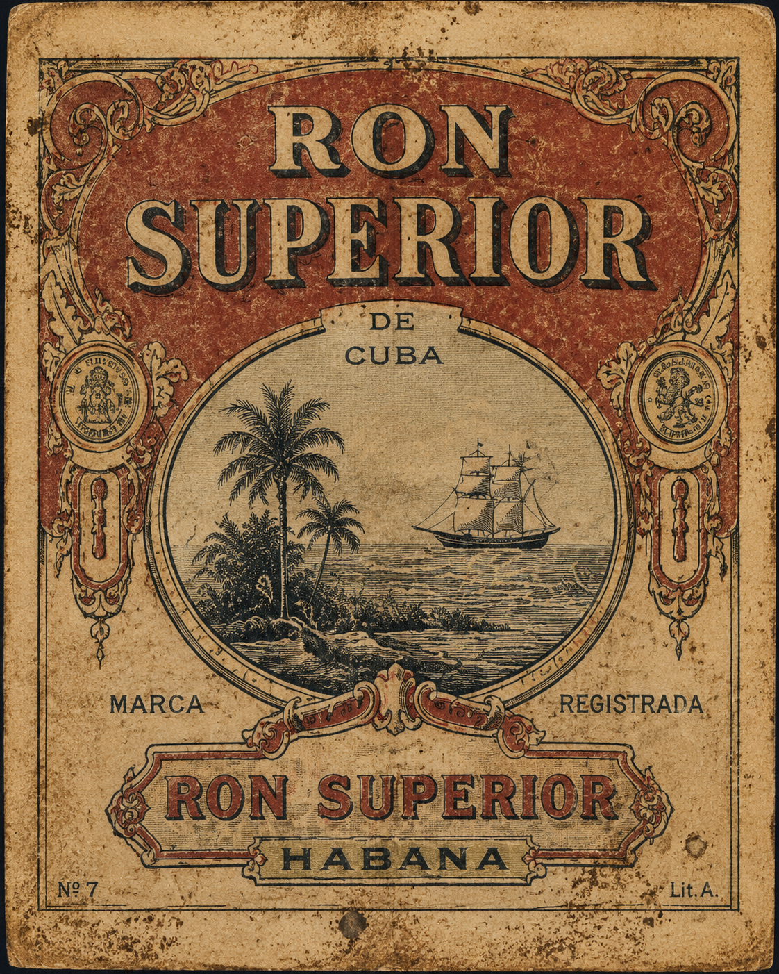 A bottle of Ron Superior Cuban rum, its label aged and stained